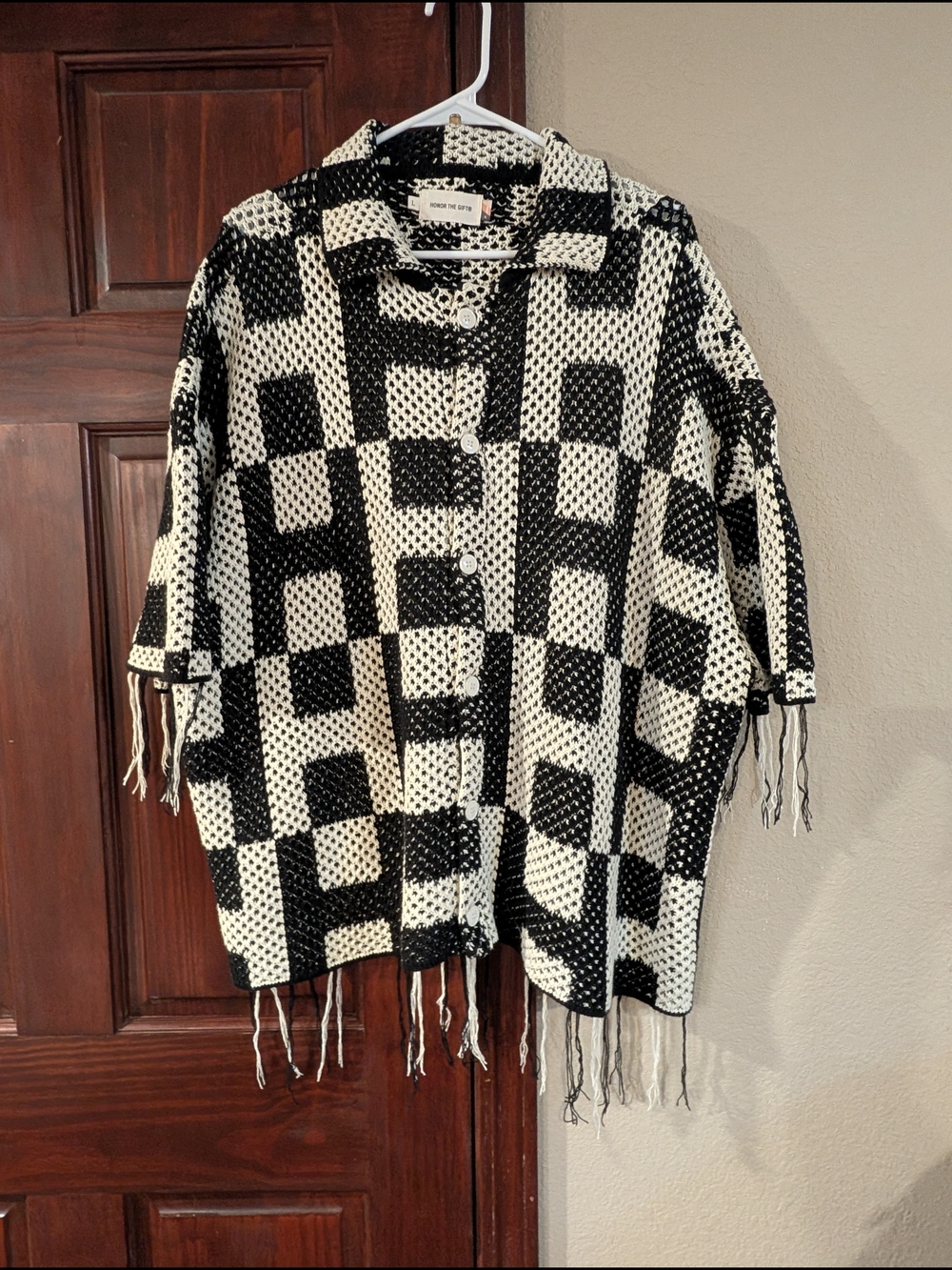 Checked Knit Button-Front Cardigan With Fringe From Nordstroms
